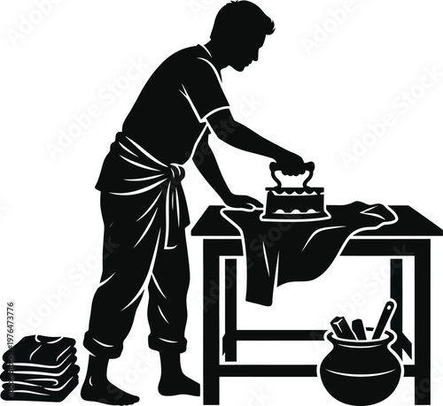 Man ironing clothes with a vintage iron on a wooden table in a traditional setting