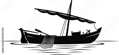 Silhouette of a traditional fishing boat with a sail and net floating on calm water Keywords: fishing