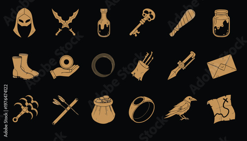 Dark fantasy inventory icons including a skull key, crossed daggers, leather boots, and treasure maps. Professional loot asset pack for mobile game development and medieval RPG user interfaces
