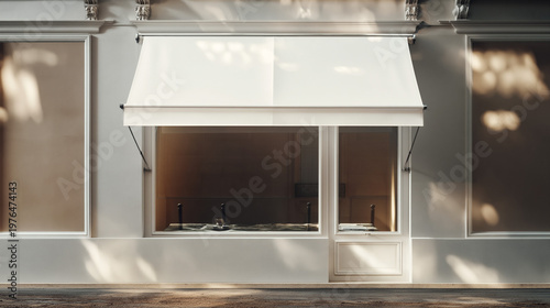 Shopfront's Elegant Facade: A sunlit shopfront with a crisp, retractable awning and large windows reveals an inviting retail space. The scene captures minimalist design and architectural elegance.