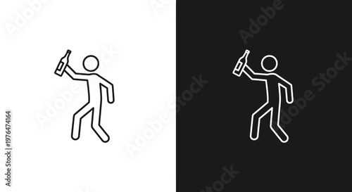 A minimalist depiction of a person raising a bottle shown in both black lines on white and white lines on black