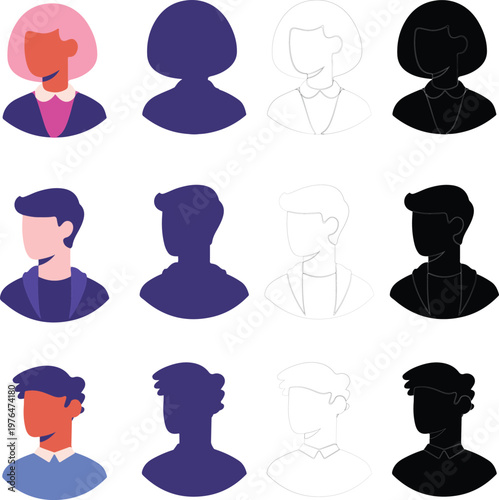 Faceless portrait avatar set showing four style variations including flat color, silhouette, and line art (顔なしアバター4種のスタイルバリエーションセット)