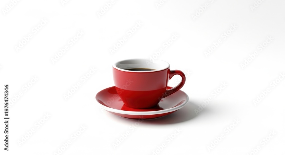 Obraz premium A red coffee cup and saucer on a white background, filled with coffee