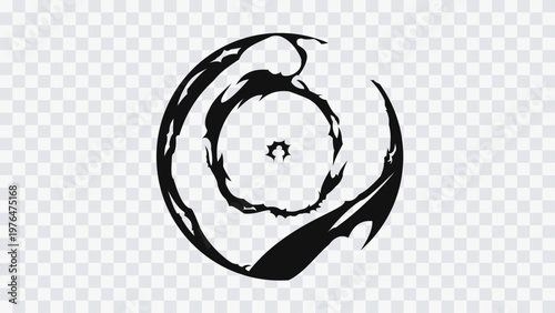 Abstract circular explosion with rough ink edges forming a spiral ring around a central burst. Grunge-style radial effect with organic shapes, perfect for impact visuals.