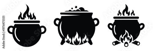 witch cauldron fire silhouette set vector illustration