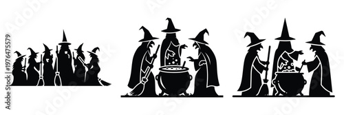 witch gathering silhouette set vector illustration