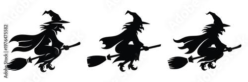 witch silhouette flying silhouette set vector illustration