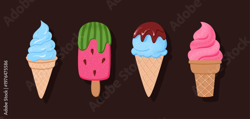 Set of ice cream desserts. Waffle cones with different toppings and a fruit popsicle. Colorful sweet treats on dark background. 