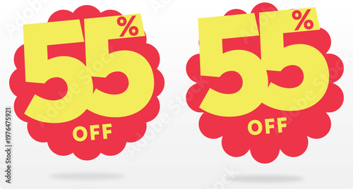 55% offer, sticker, value, ads, vector, label, price, sale, store, set, tag, banner, percent, retail, off. Marketing, commerce, business, discount, icon, special