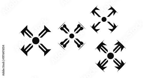 A series of three black abstract symbols resembling stylized crosses with pointed extensions
