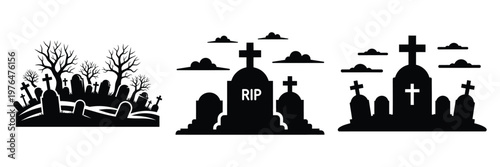 foggy graveyard silhouette set vector illustration