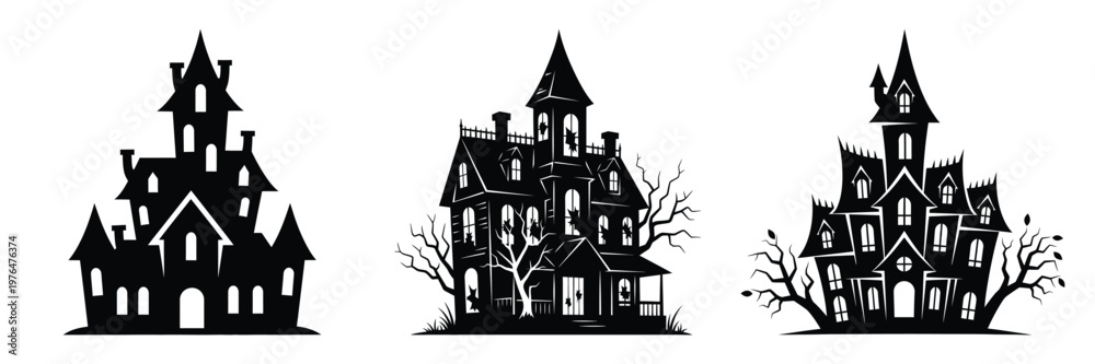 Obraz premium haunted mansion silhouette set vector illustration