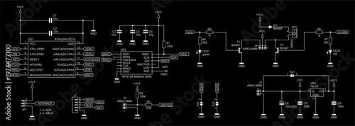 Schematic diagram of electronic device 
on black background. Vector drawing electrical circuit with microcontroller,
led, connector,
resistor, gate of integrated circuit, capacitor,
other components.