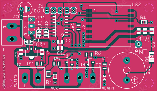 Vector printed circuit board of electronic 
device with components of radio elements, 
conductors and contact pads placed on pcb. 
Engineering technical drawing. Electric background.