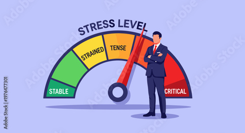 Businessman standing stressed in front of stress level gauge with needle in critical zone