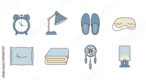Minimalist bedroom icons set for sleep and relaxation concepts on white background