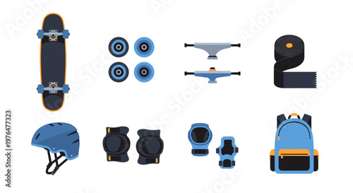Modern vector icons of skateboarding gear on white background including skateboard helmet knee pads elbow pads backpack wheels drone and protective equipment