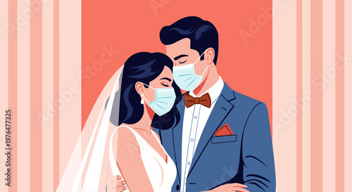 Stylized illustration of a wedding couple wearing face masks intimate moment peach background