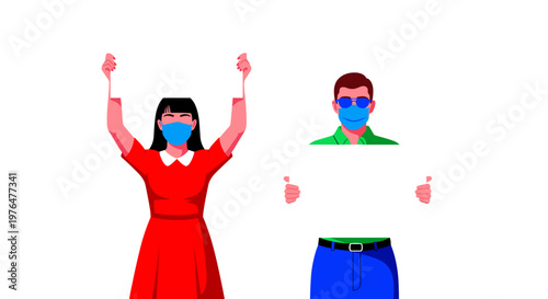 Two people wearing face masks giving thumbs up woman in red dress and man in white shirt and blue pants vibrant digital illustration for health and safety concepts