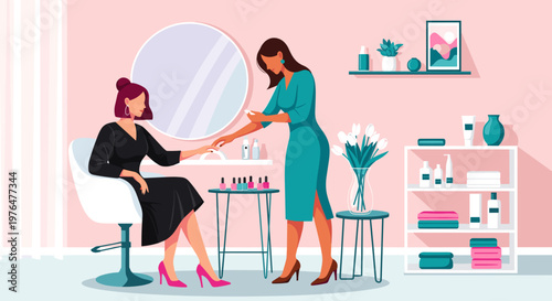 Woman getting nail treatment from beautician in pink salon with white furniture