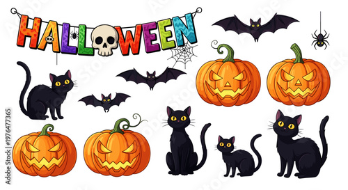 Vibrant halloween icons with black cats jack o lanterns bats and spiders on white background