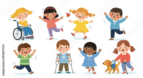 Diverse group of happy children playing and dancing together with a dog on a white background