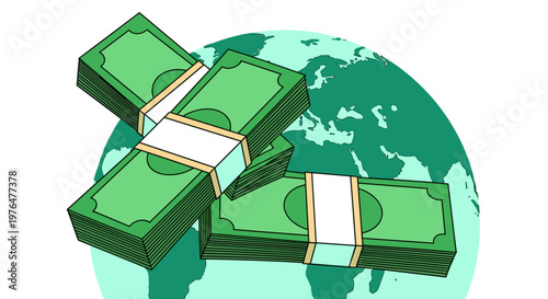 Bundled green banknotes crossed over a globe symbolizing international finance and global economy with a stylized illustration
