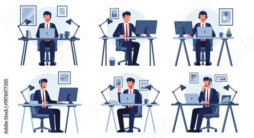 Six businessmen sitting at desks with laptops and computers in various office settings and poses