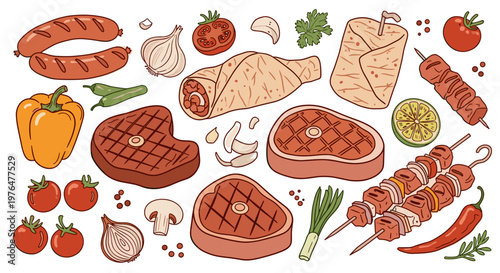 Grilled meat and vegetable illustration for food and bbq concepts with sausages steak chicken and fresh produce