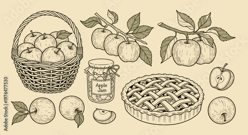 Whimsical illustration of a peach pie basket and fresh peaches on a beige background with leaves and a jar