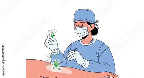 Medical professional in blue scrubs and mask stitching a wound on a patient's skin with a needle and green thread