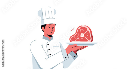 Smiling chef presenting a raw steak on a plate offering a delicious meal option