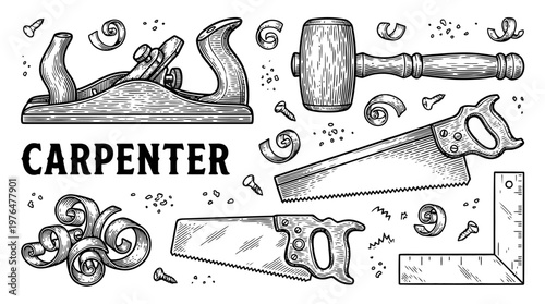 Vintage woodworking tools collection with carpenter text, wood plane, saw, mallet, and shavings in hand-drawn engraving style vector illustration.