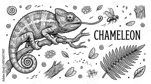 Hand Drawn Engraving Style Chameleon Catching a Fly, Detailed Lizard Vector Illustration on Tree Branch with Tropical Leaves