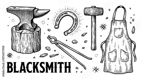 Vintage Blacksmith Workshop Equipment Vector Illustration Set featuring Anvil, Horseshoe, Hammer, Tongs, and Apron in Engraving Style