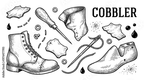Vintage shoemaker tools and leather craft vector illustration set, traditional cobbler equipment and shoe repair icons