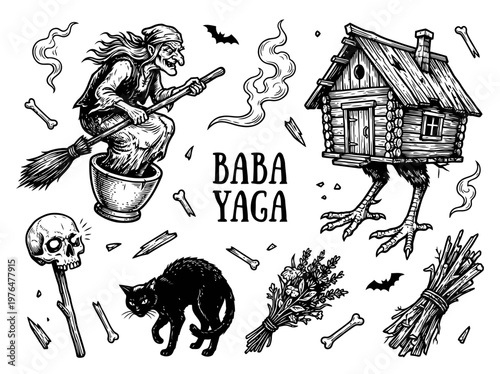 Baba Yaga Slavic Folklore Vector Illustration Set featuring Witch in Mortar, Hut on Chicken Legs, Black Cat, and Mystical Elements in Vintage Engraving Style