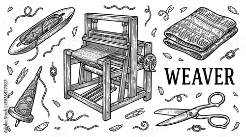Hand Drawn Weaver Tools Set with Wooden Loom Textile Shuttle and Yarn in Vintage Engraving Style Vector Black and White Illustration of Traditional Handicraft Workshop Elements