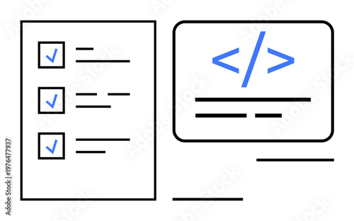 Productivity, project management, coding process, software development, planning, organizational tools. A checklist next to a coding window. Task management and software development