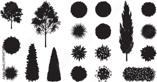 Top view landscape architecture tree and shrub silhouette vector set. Garden plan symbols for site design, outdoor planning and greenery layouts,eps.