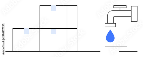 Water conservation, logistics planning, packaging, sustainability, resource management, supply chain. Dripping faucet next to stacked labeled boxes. Water conservation and logistics planning concept