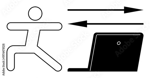 Fitness technology, remote exercise, digital health solutions, online workouts, fitness tracking, movement monitoring. Human figure stretching near a laptop. Fitness technology and remote exercise