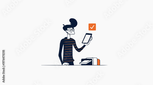 Flat vector illustration of a person holding a tablet with a checkmark, suitable for technology blogs, business presentations, or app advertisements.