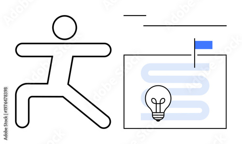 Innovation concept. Abstract stick figure alongside lightbulb and flag creativity and goal-oriented progress. Innovation aligning ideas, strategy, and achievements. For business, teamwork