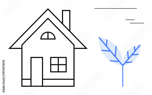 Sustainable living, eco-conscious construction, renewable energy, minimalism, green homes, environmental care. A line art house next to a stylized leaf. Sustainable living and eco-conscious