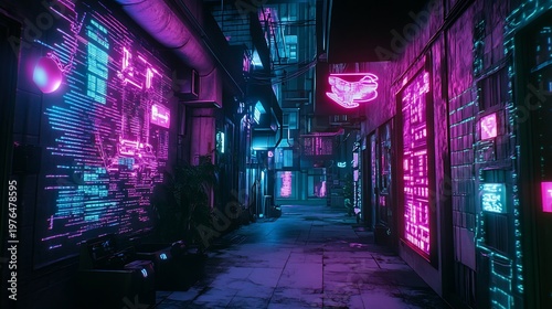 Cyberpunk alleyway with neon lights and futuristic signs at night