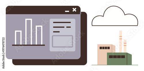 Data analysis, cloud computing, industrial monitoring, energy efficiency, manufacturing, technology. Bar chart and data window with factory and cloud icon. Data analysis and cloud computing concept