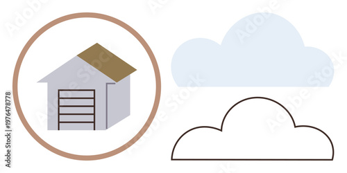 Cloud storage, data management, digital archiving, technology, data safety, organization. Image of a warehouse, outlined cloud and shaded cloud. Storage and data management concepts illustrated