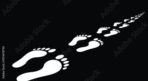 A stark minimalist image depicts a line of white footprints fading into the darkness