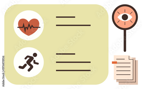 Health tracking, fitness goals, wellness monitoring, data analysis, medical records, healthcare technology. Graphic showing a heart, runner icon documents and analysis elements. Health tracking
